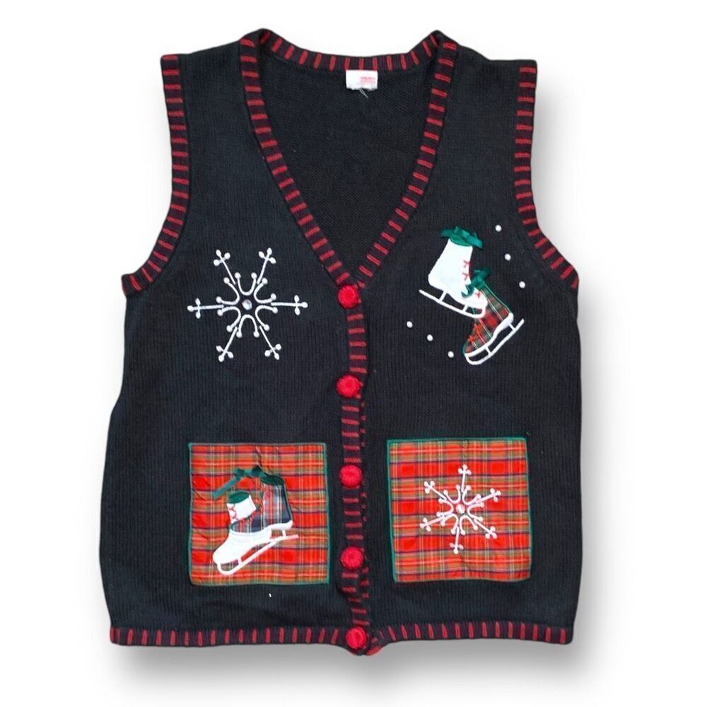 Holiday Editions Black Printed Knit Sweater Vest Festive Embroidery Red Plaid